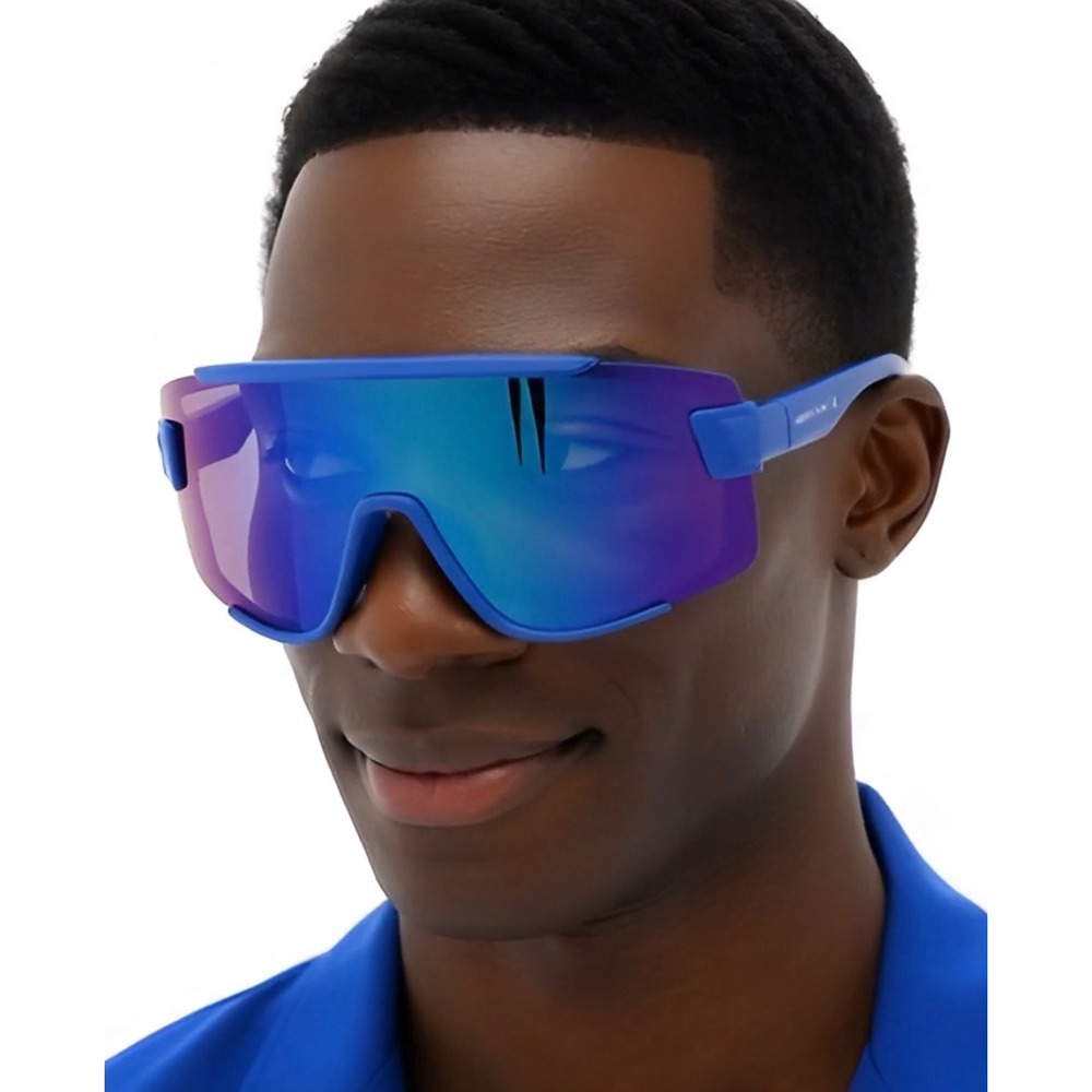 Blue Oversized Shield Sunglasses Iridescent Mirrored Lens Retro Futuristic Sport